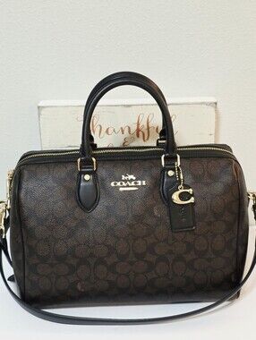 Coach Rowan LARGE Crossbody Shoulder Bag Signature C Brown Black Gold Zip CV959